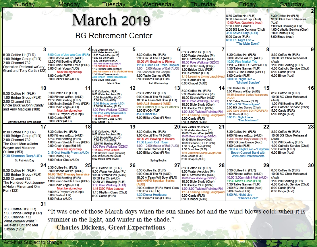 Retirement March Calendar Bishop's Glen Retirement Center