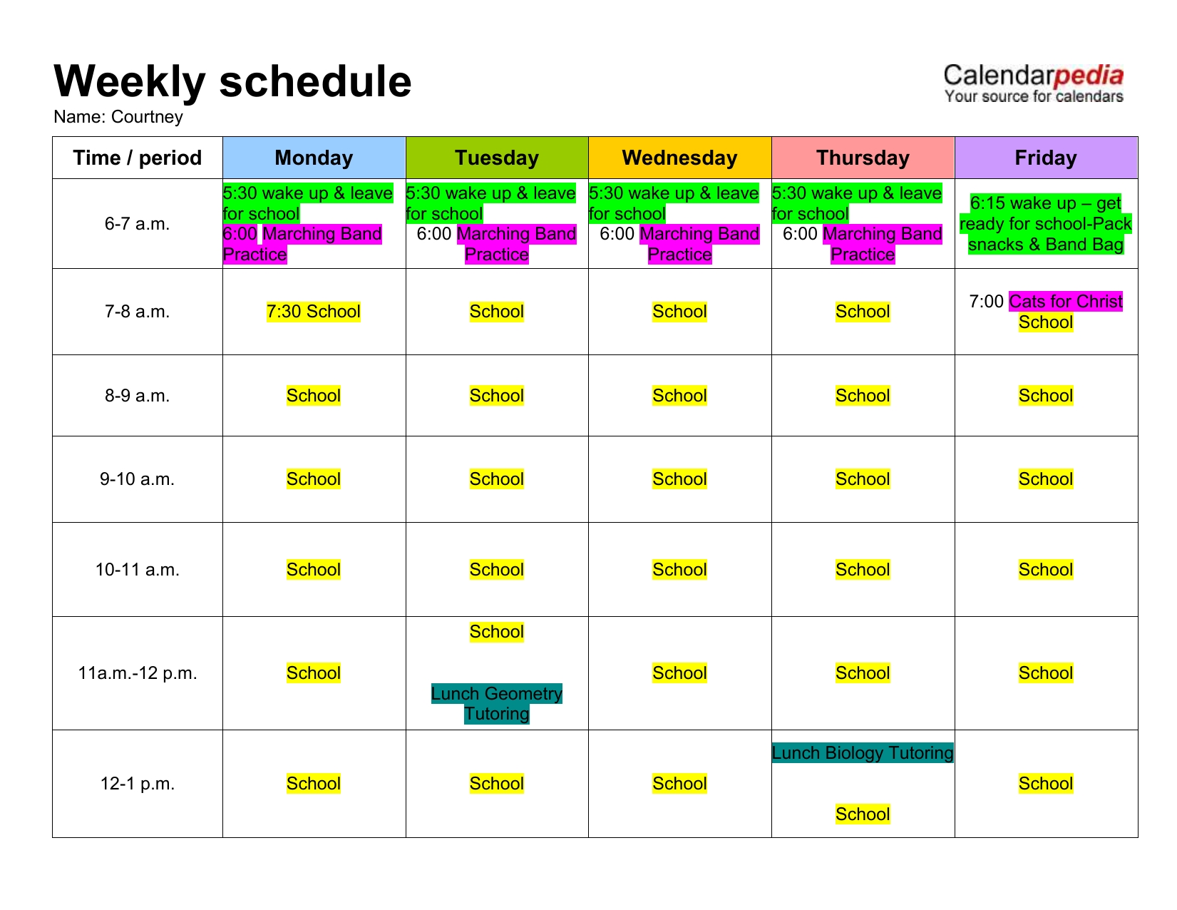 sample weekly schedule monday to friday in color template