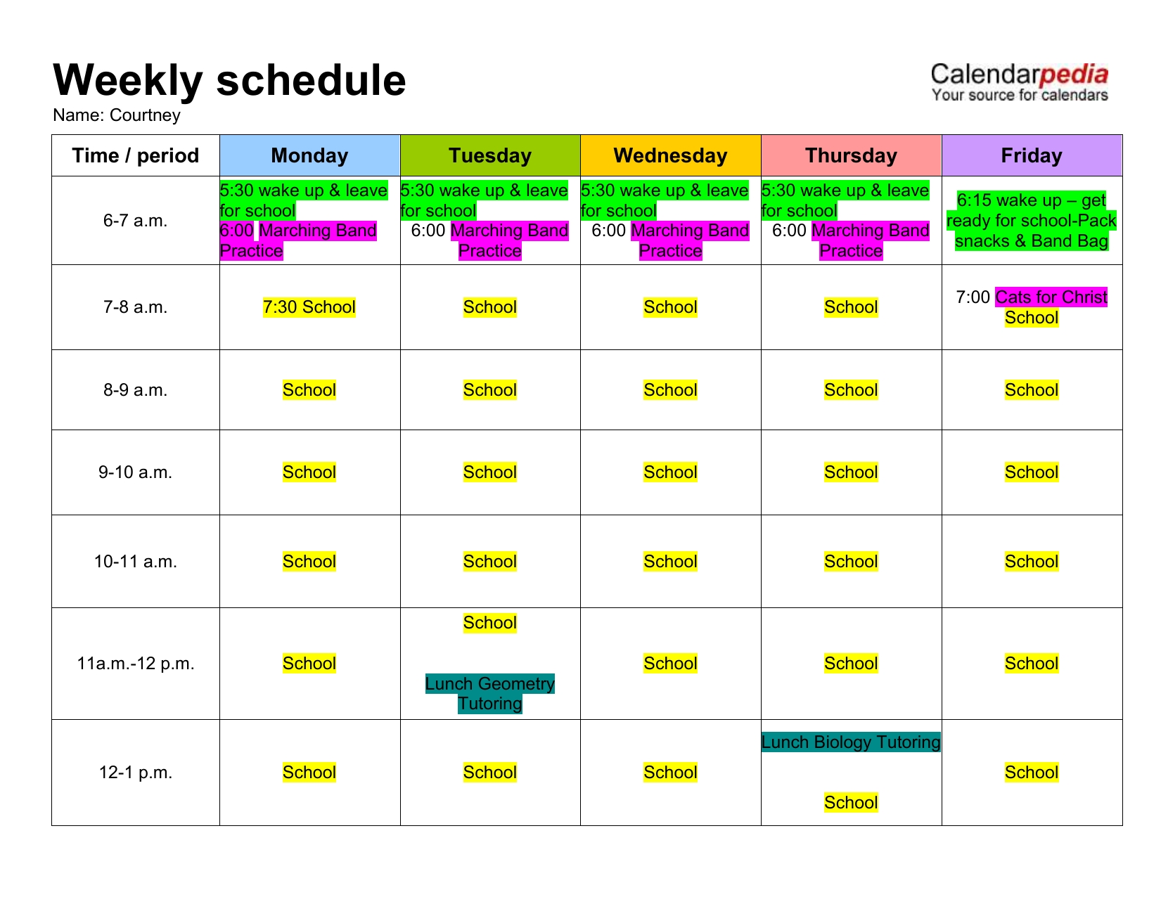 Sample Weekly Schedule Monday To Friday In Color Template