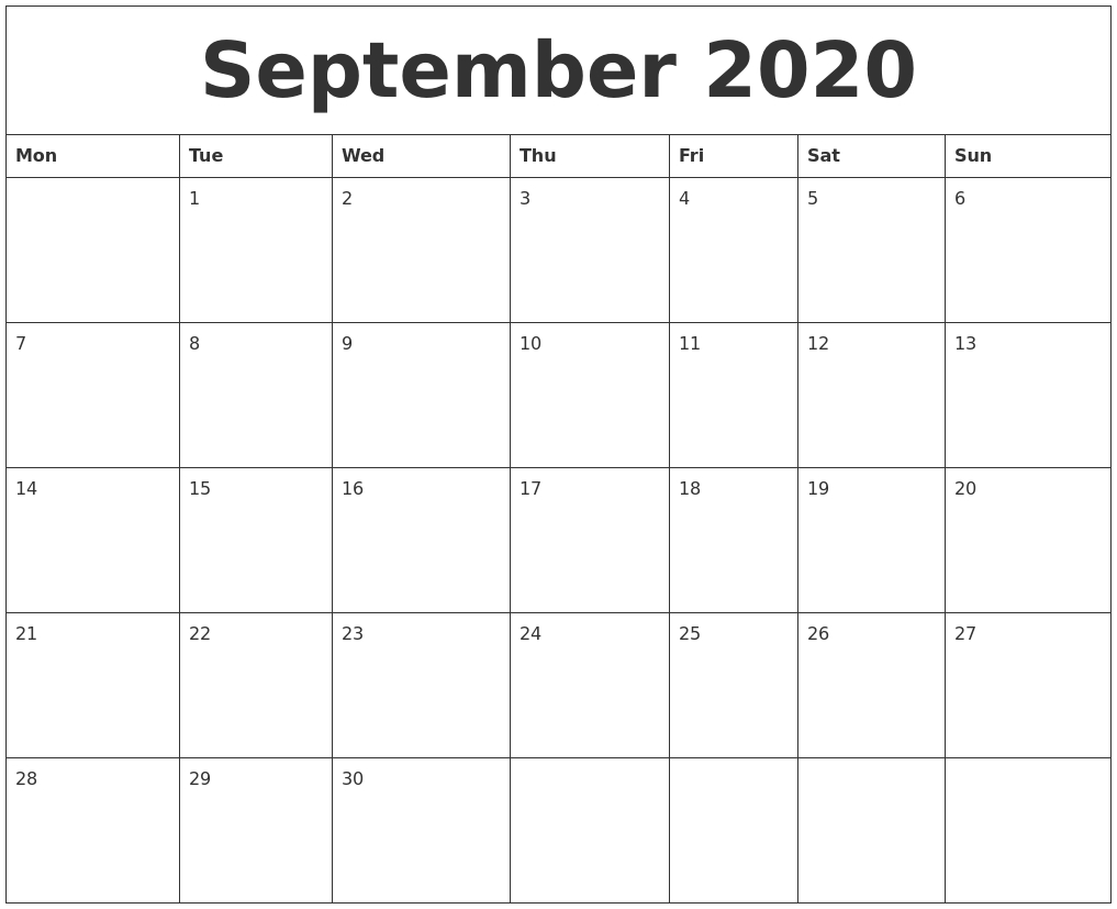 September 2020 Blank Monthly Calendar Template