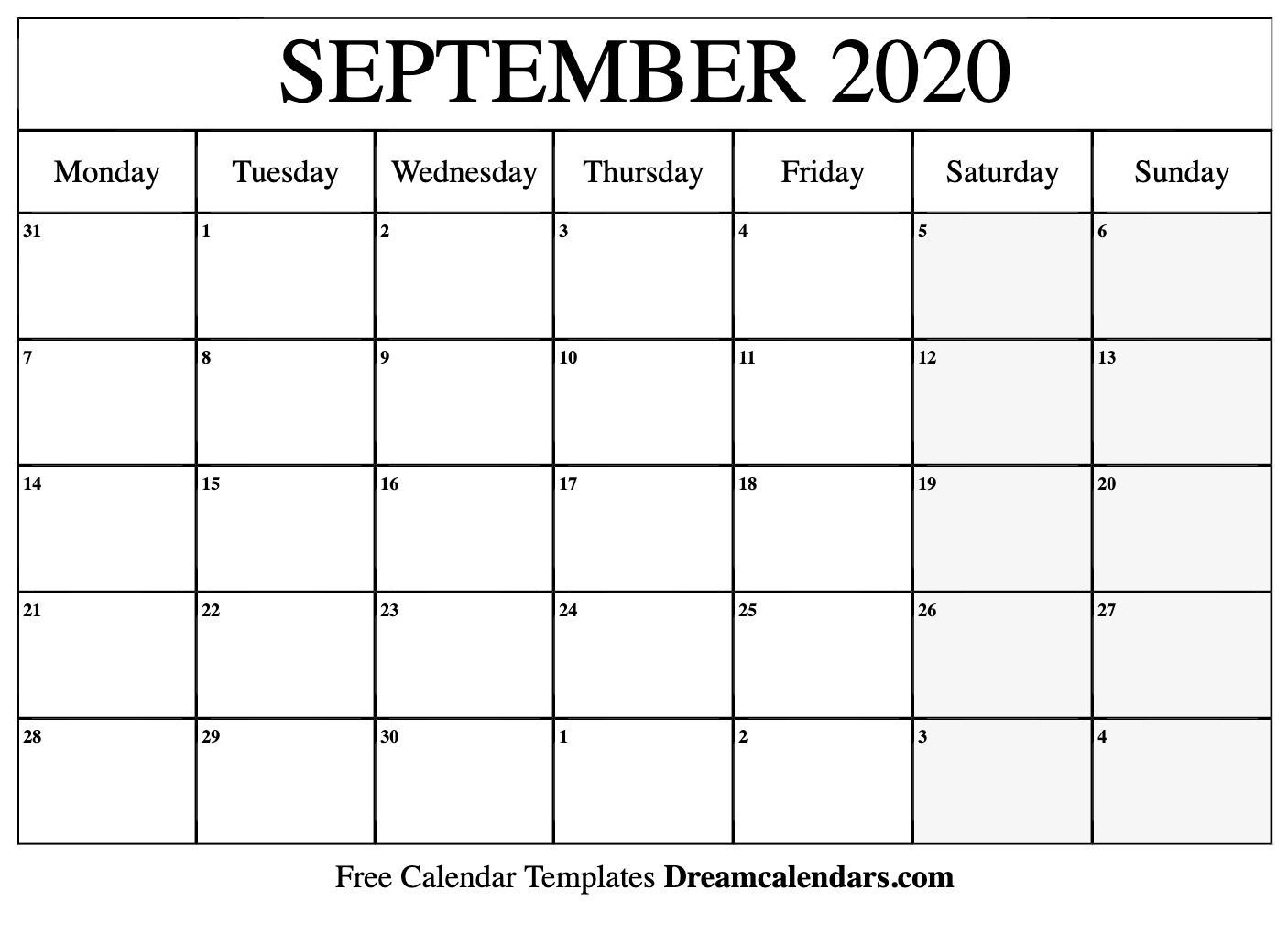 September 2020 Calendar Printable (monday) Dream Calendars
