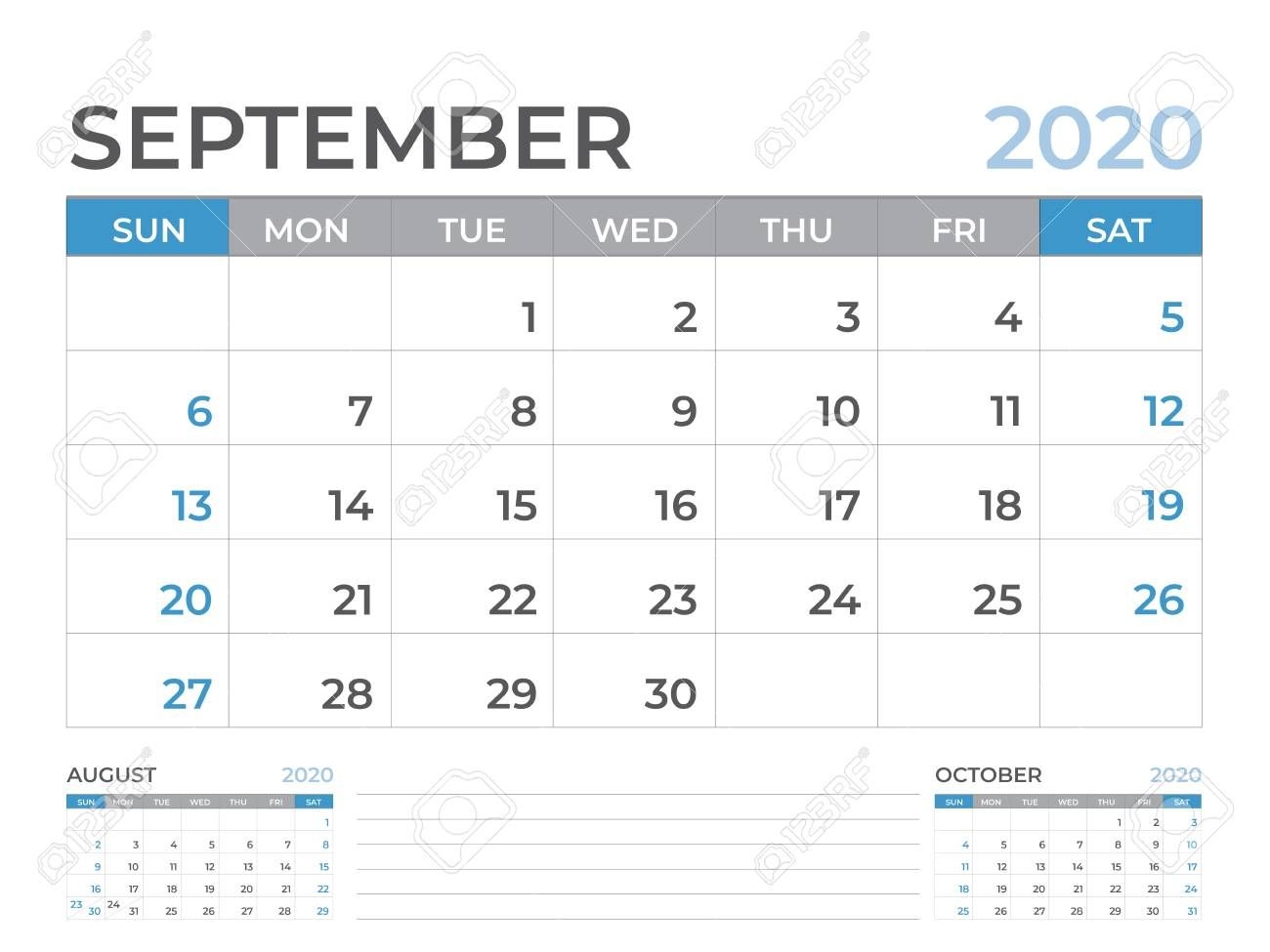 september 2020 calendar template, desk calendar layout size