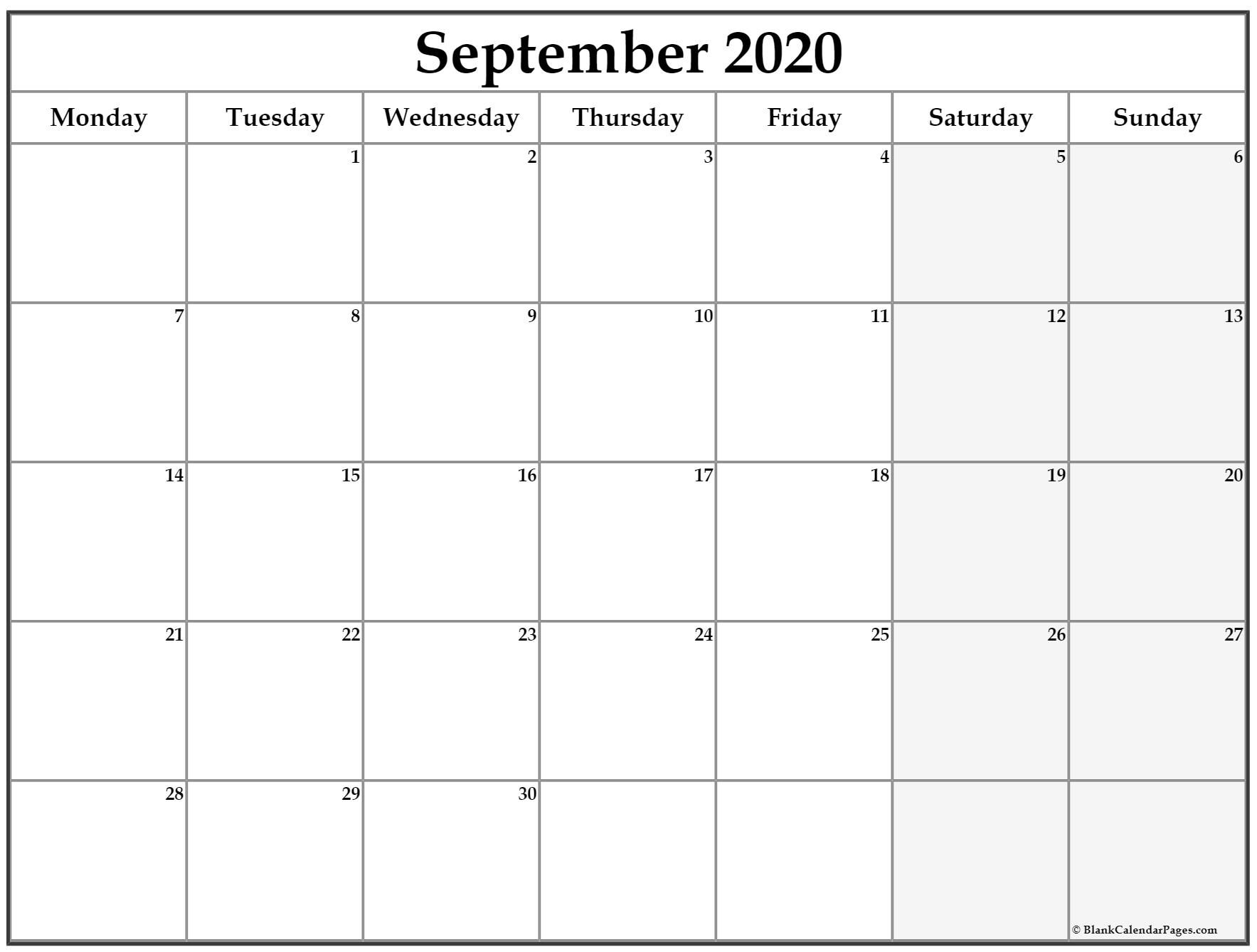 September 2020 Monday Calendar | Monday To Sunday