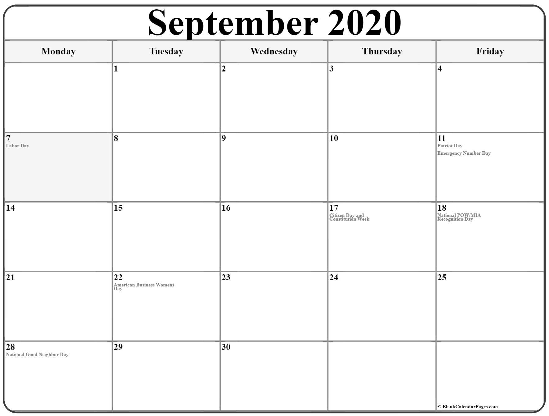 September 2020 Monday Calendar | Monday To Sunday