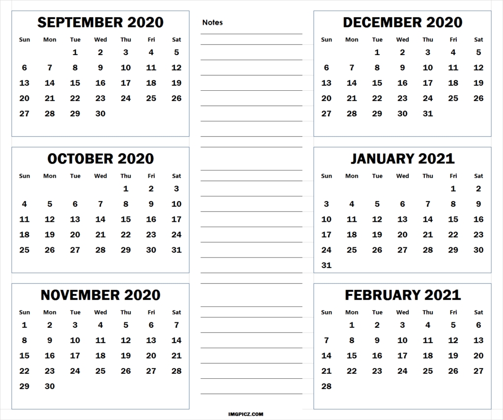September 2020 To February 2021 Calendar Template | 6 Months