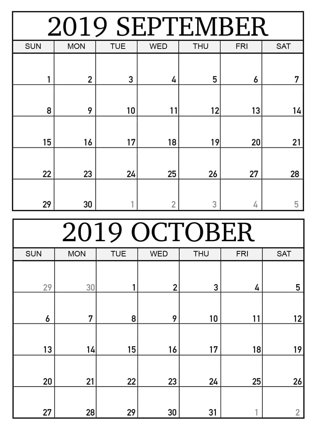 September And October 2019 Calendar | Free Printable