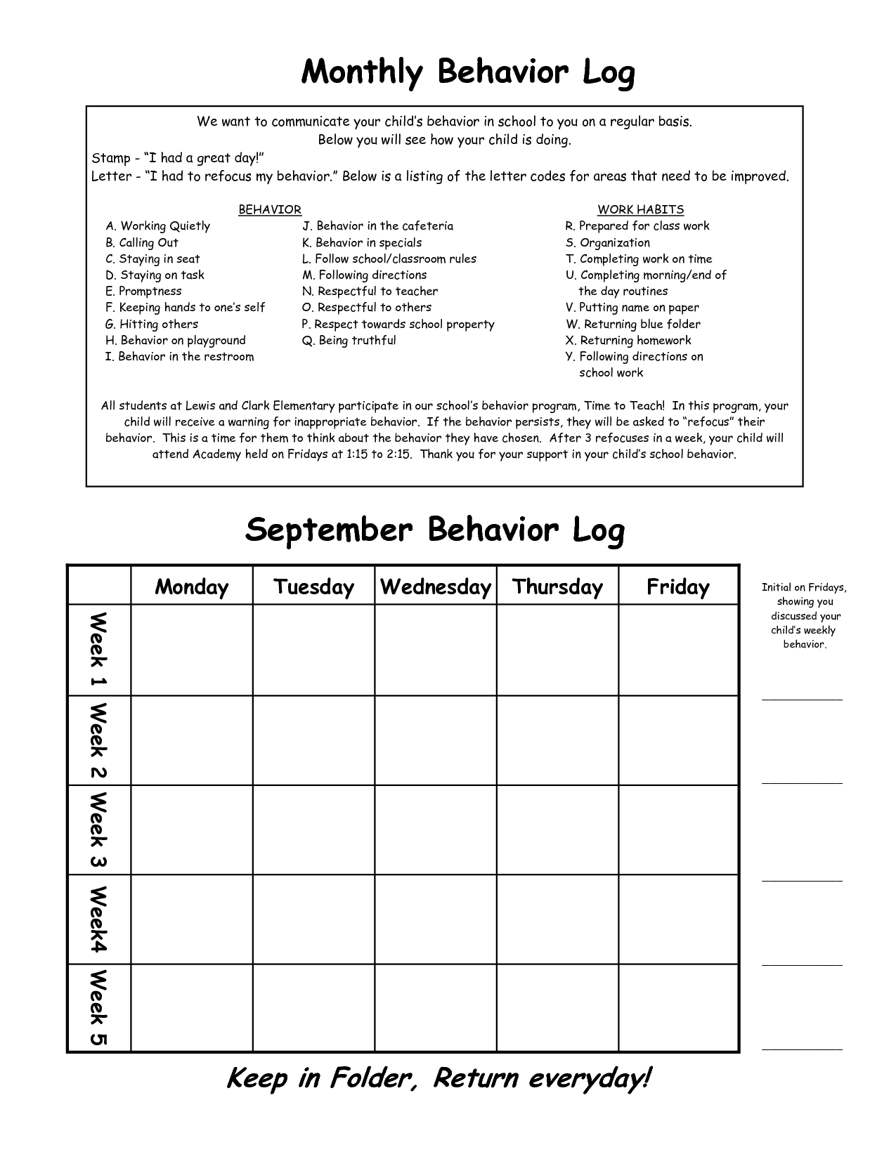 September Behavior Log Monthly Behavior Log | Behavior Log