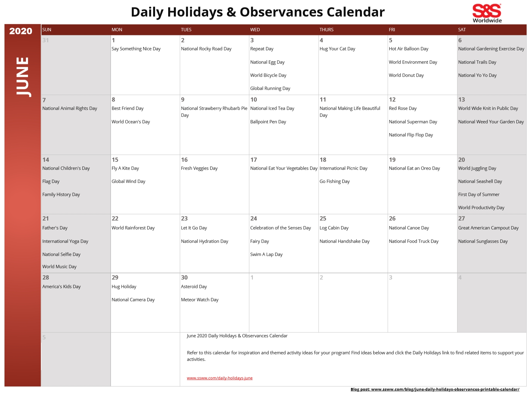 september daily holidays &amp; observances printable calendar