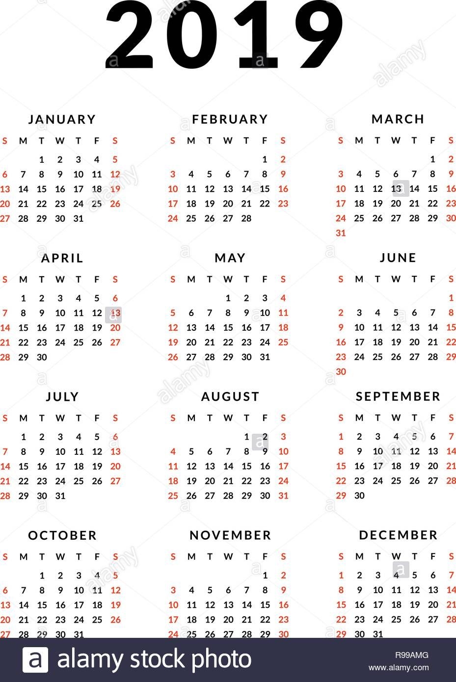 Simple 2019 Calendar Template, Week Starts On Sunday Stock