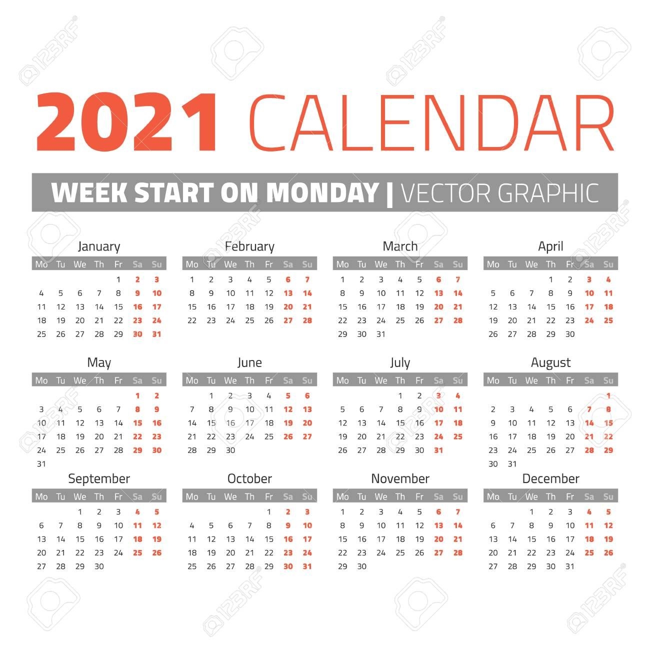 Simple 2021 Year Calendar, Week Starts On Monday