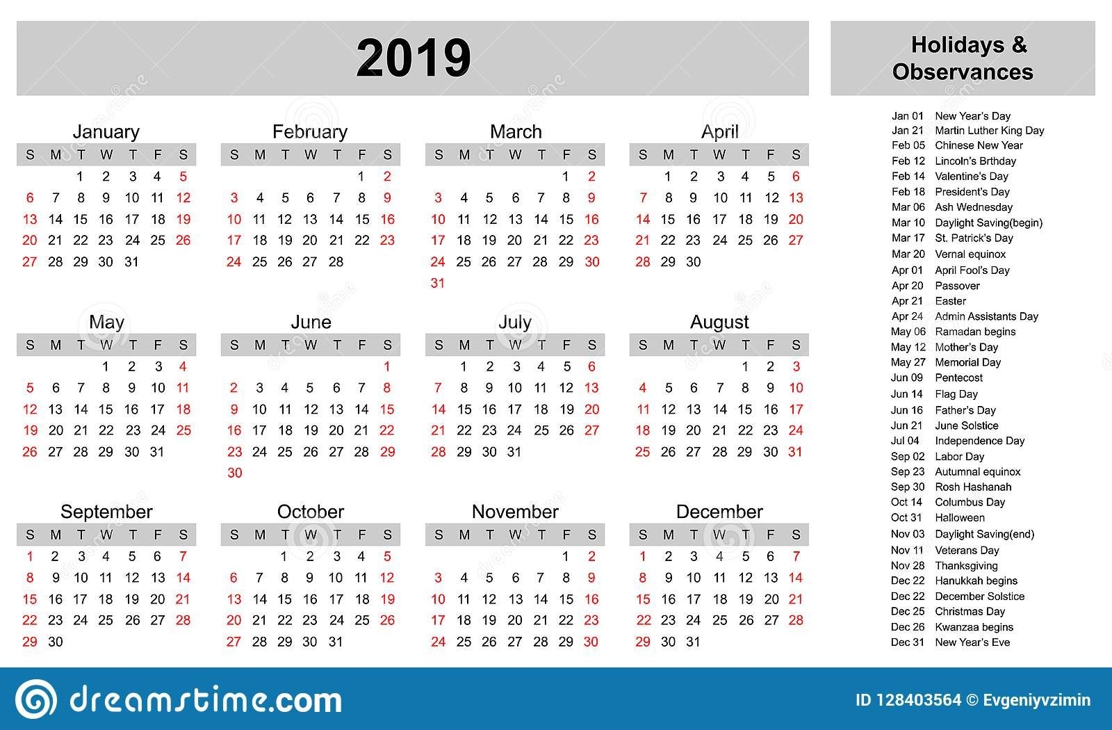 Simple Calendar Template For 2019 Year With Holidays And