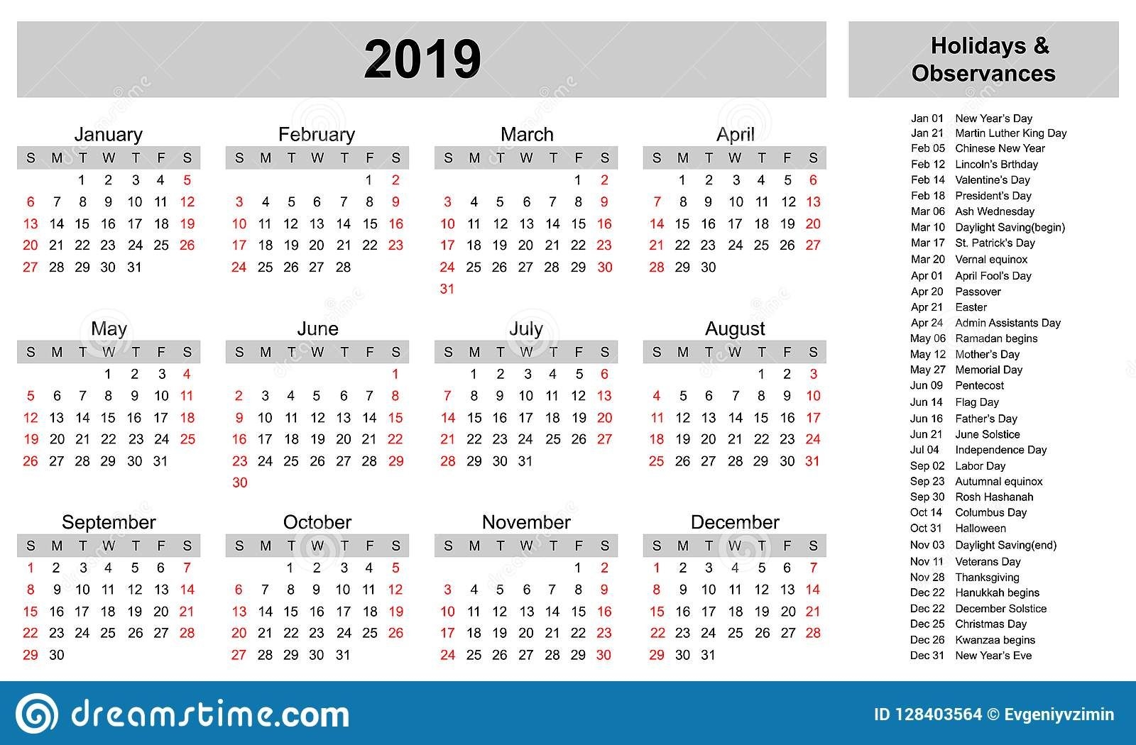 simple calendar template for 2019 year with holidays and