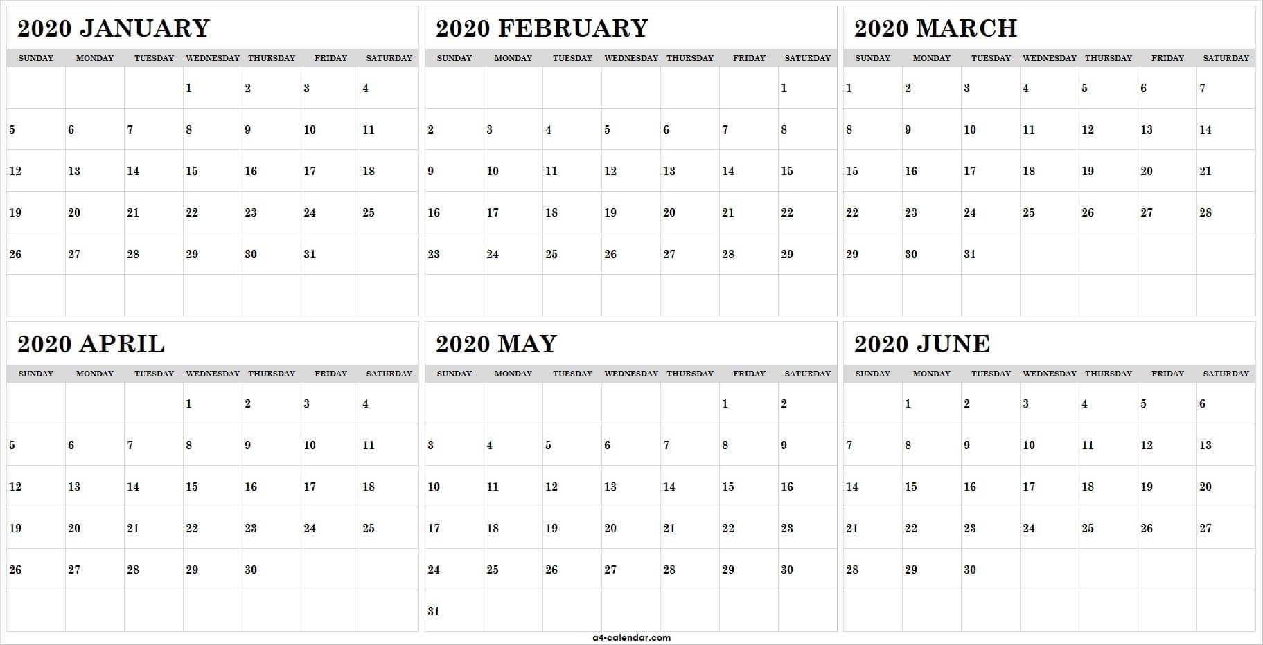 Six Monthly January To June 2020 Calendar | Print Calendar