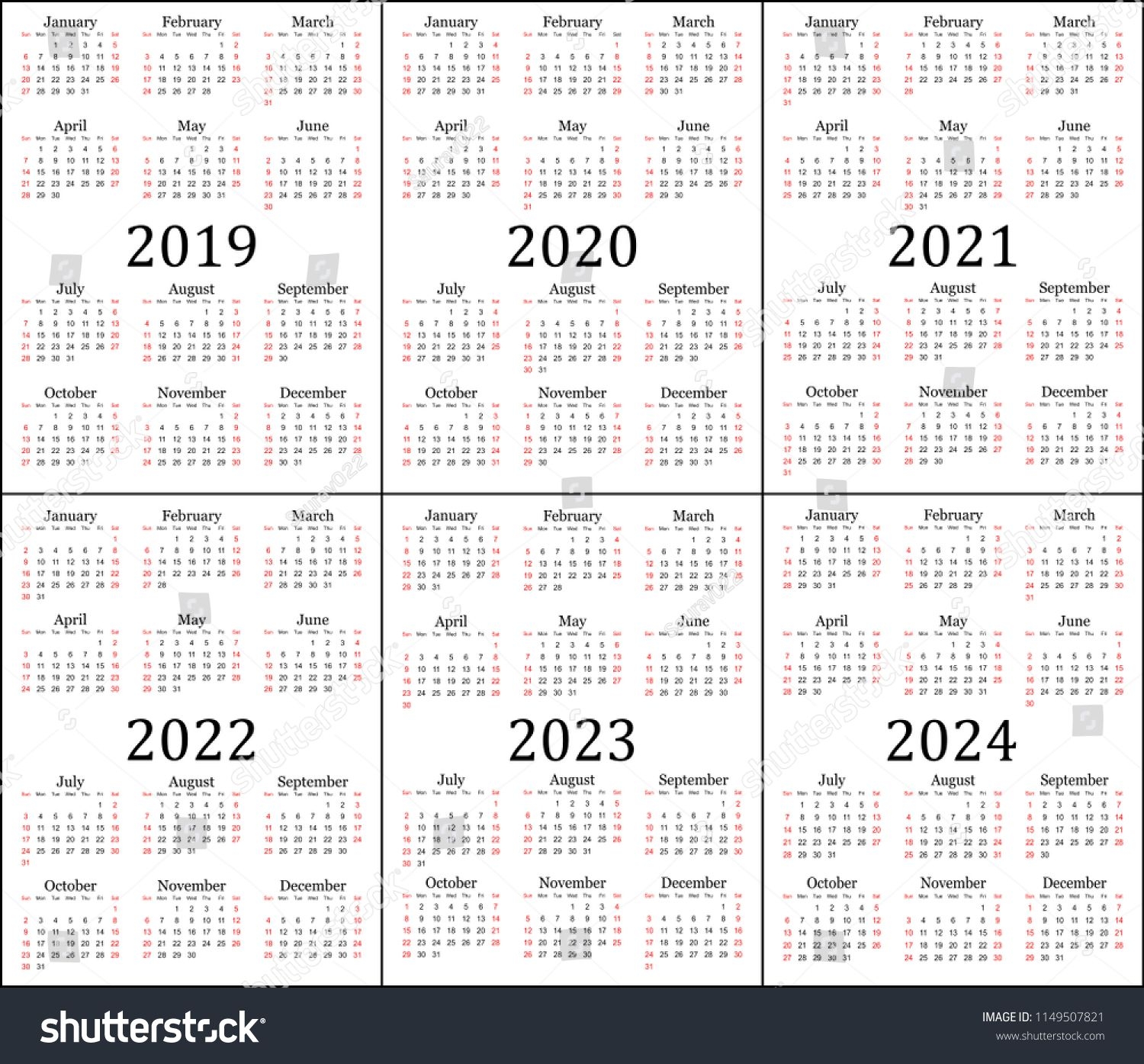 six year calendar 2019 2020 2021 stock vector (royalty free