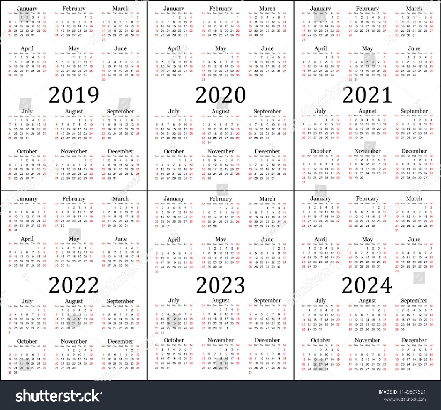 Six Year Calendar 2019 2020 2021 Stock Vector (royalty Free