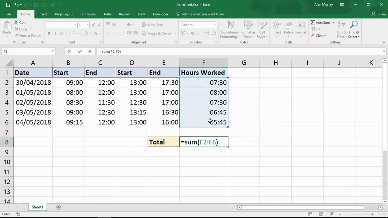 sum the hours over 24 hours excel trick