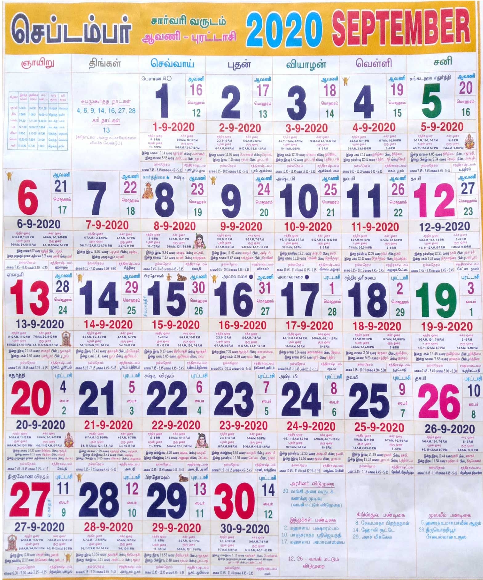 Tamil Calendar 2020 September, Dates Information & Muhurtham