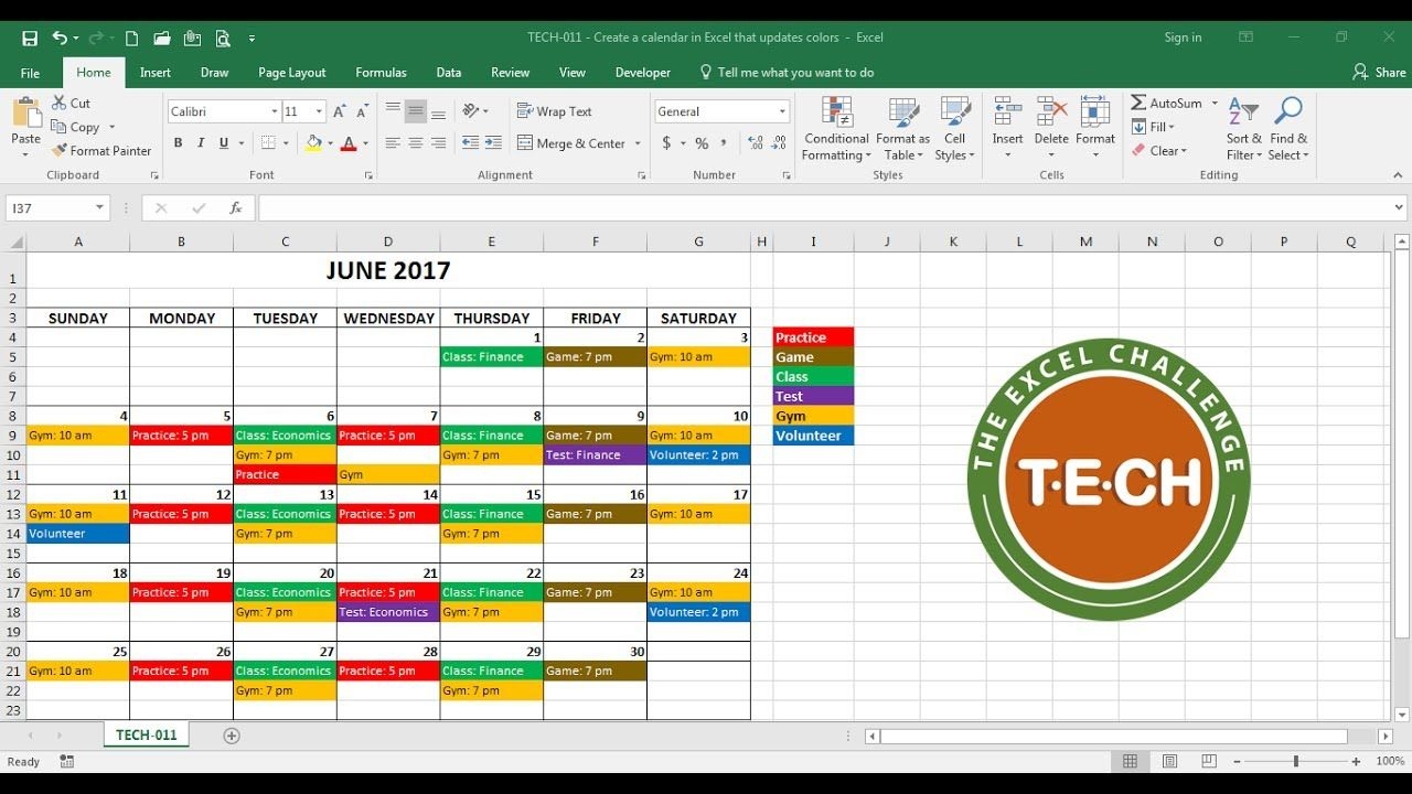 Tech 011 Create A Calendar In Excel That Automatically Updates Colors Event Category