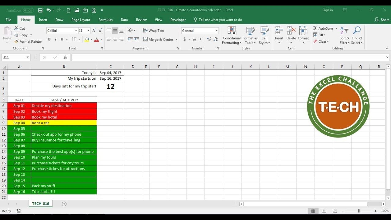tech 016 create a countdown calendar and combine it with conditional formatting for each task