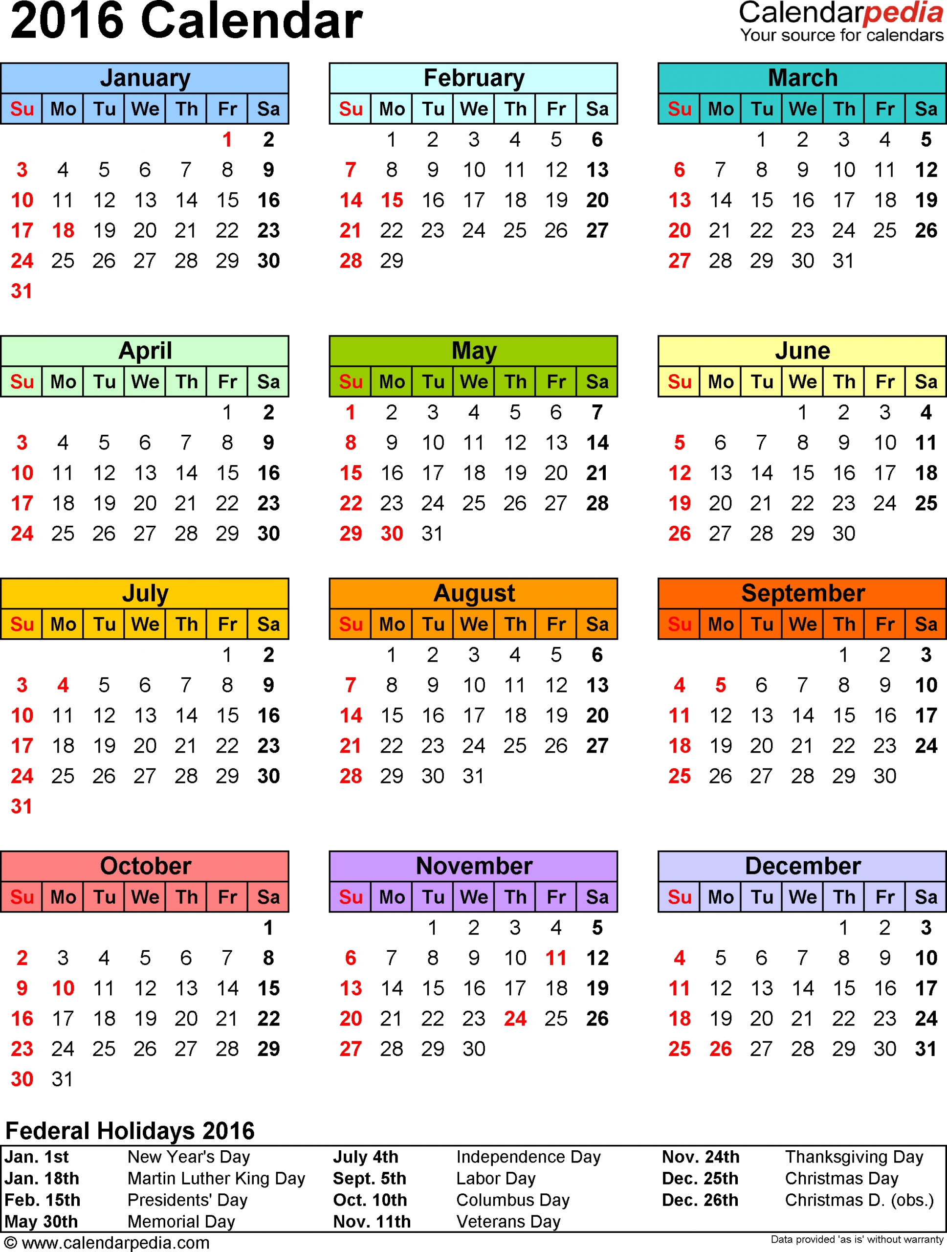 template 9: 2016 calendar for excel, year at a glance, 1