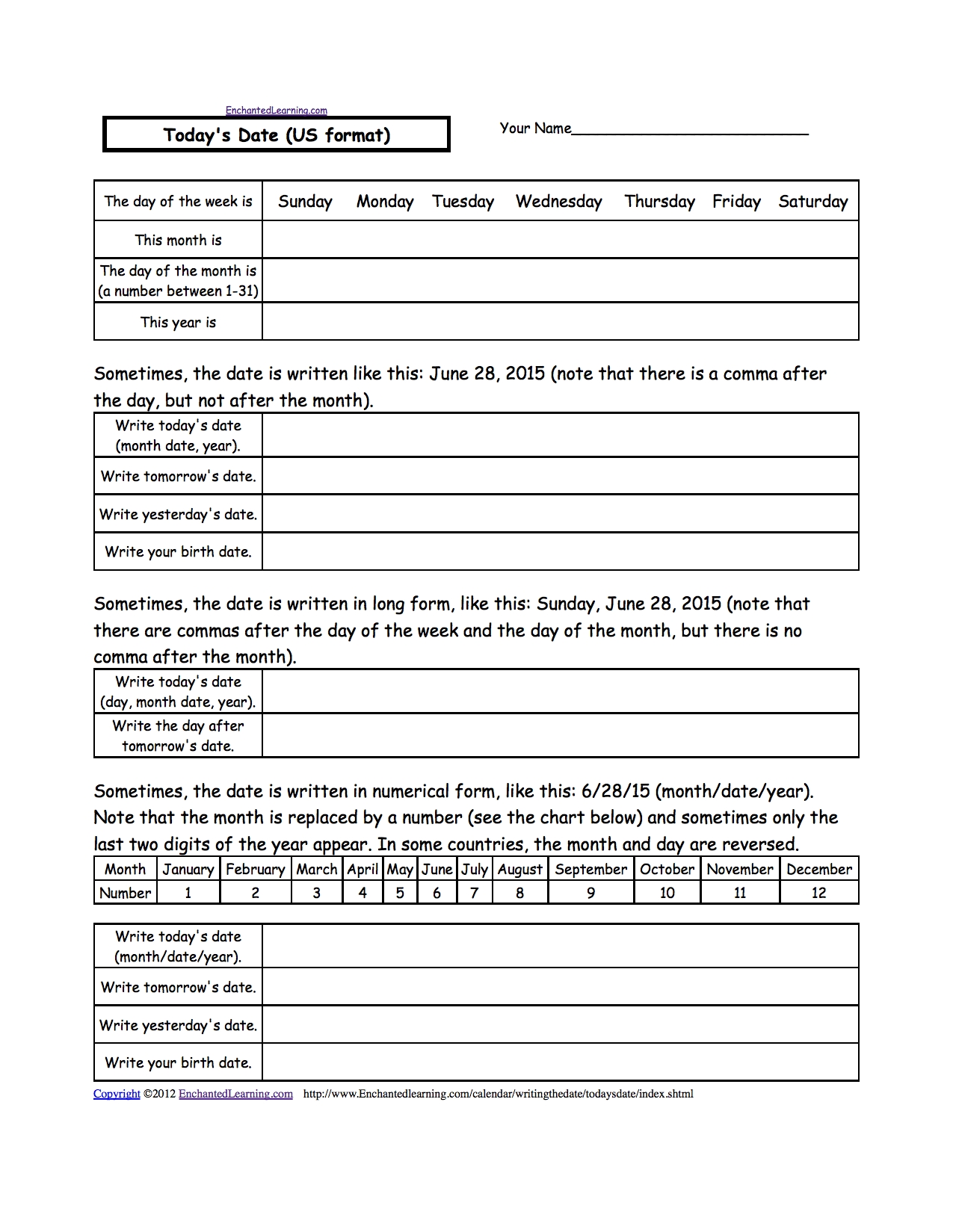 Today's Date (us Format), A Calendar Worksheet