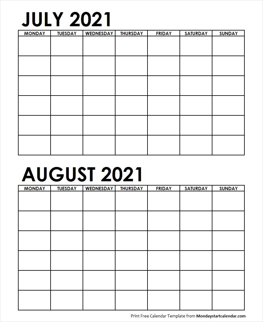 Two Month July August 2021 Calendar Blank | Two Months Template