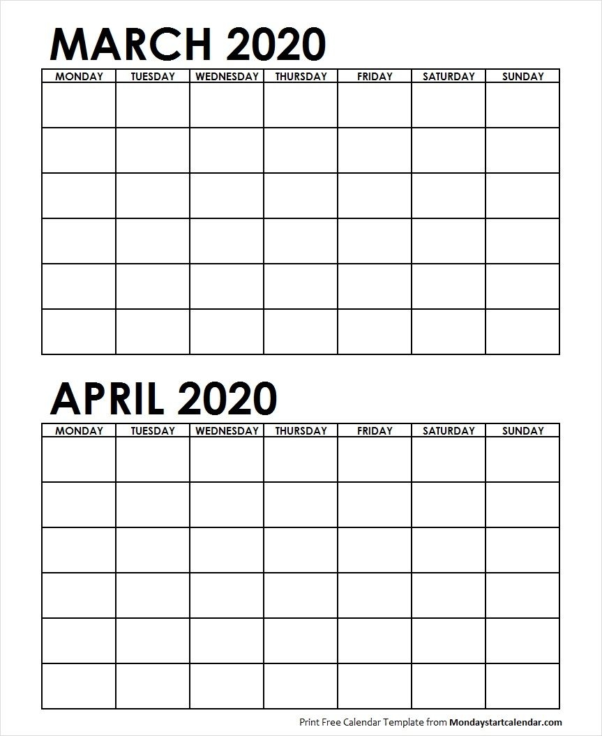 Two Month March April 2020 Calendar Blank | Two Months Template