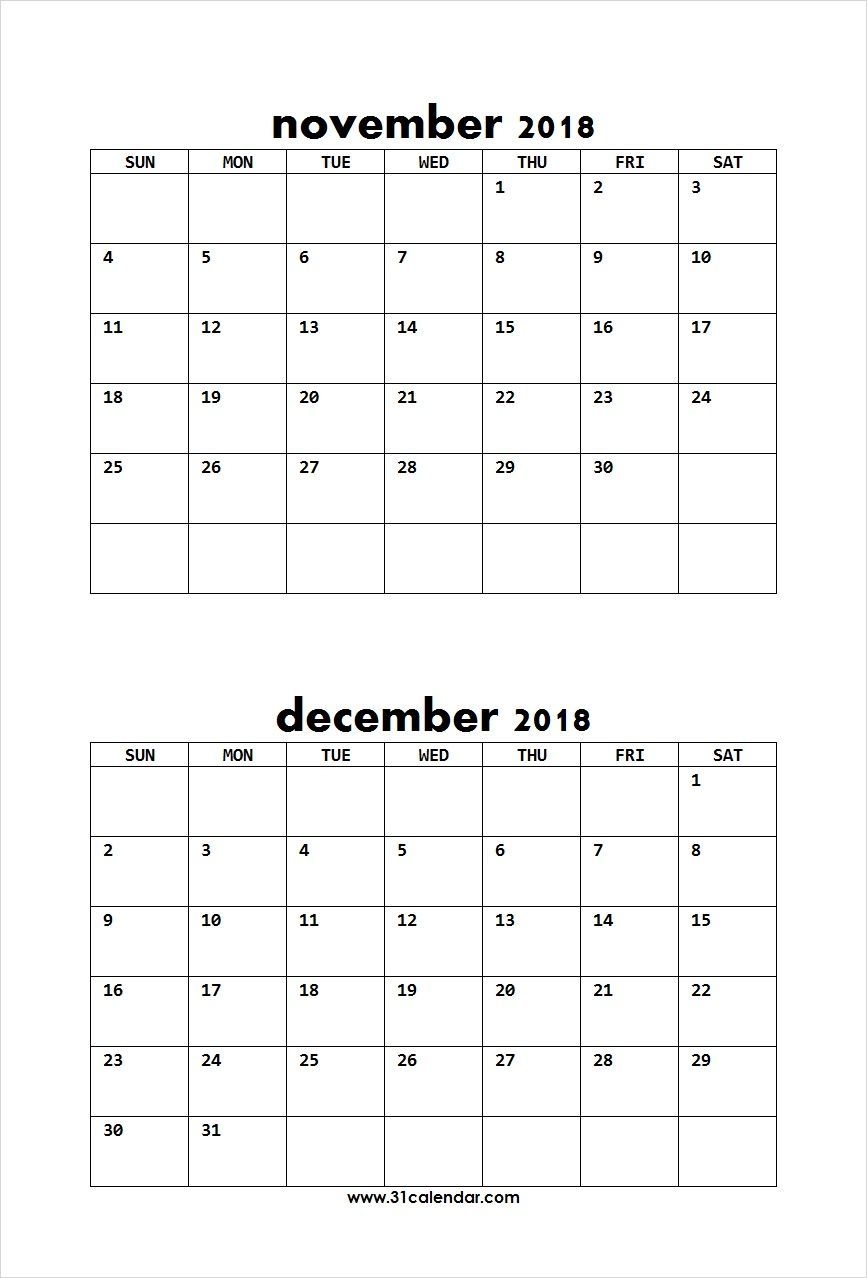 two month november december 2018 calendar to print editable