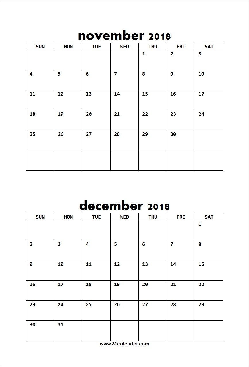 Two Month November December 2018 Calendar To Print Editable