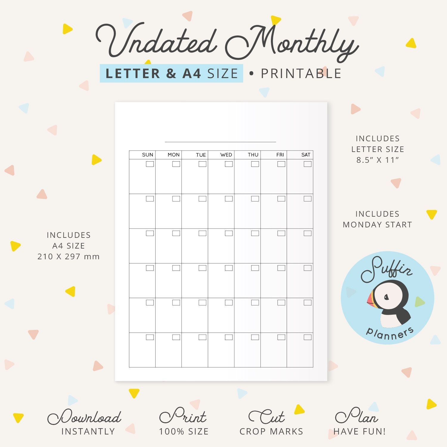 Undated Monthly Calendar Binder Printable, A4 & Letter