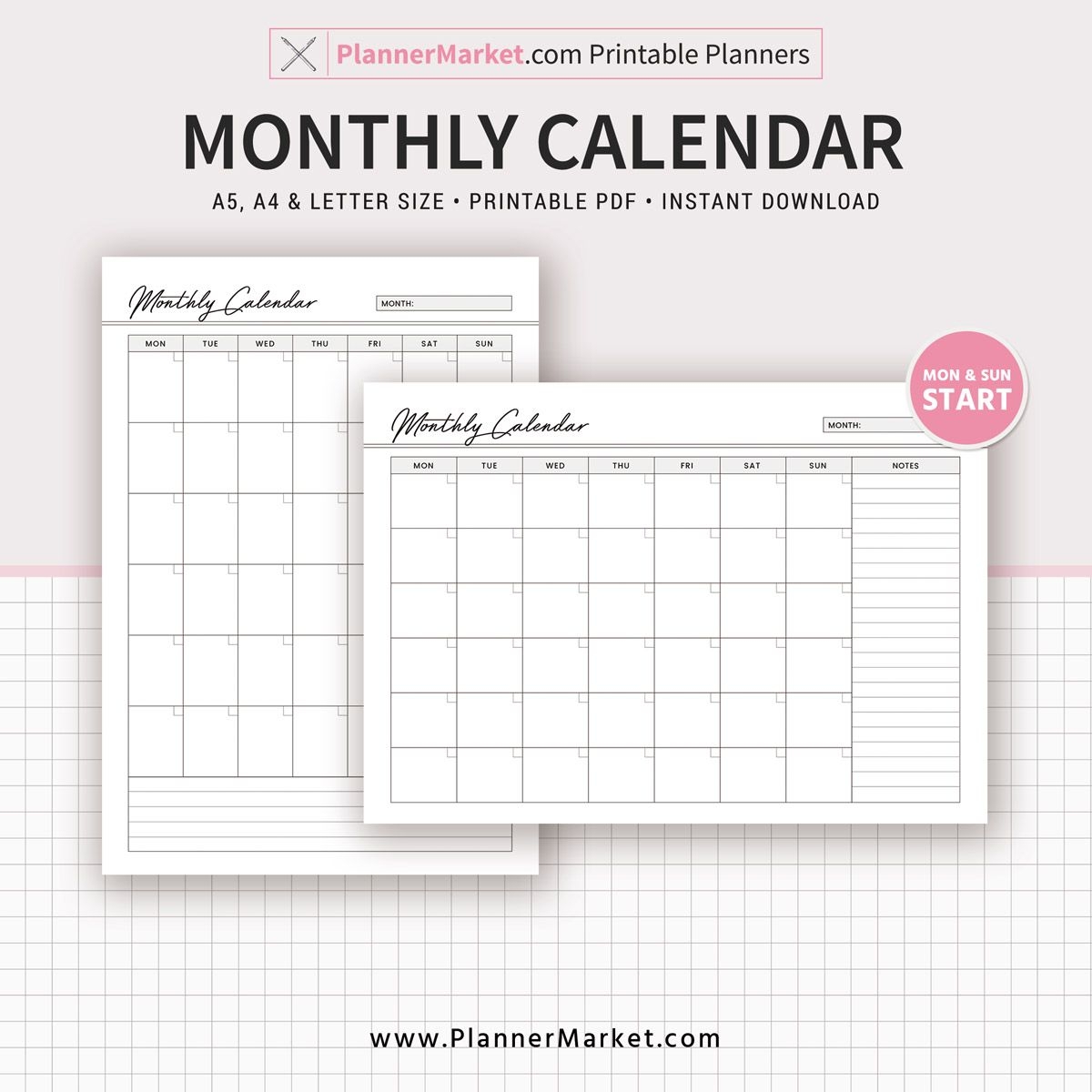 Undated Monthly Calendar, Monthly Planner, Planner Inserts