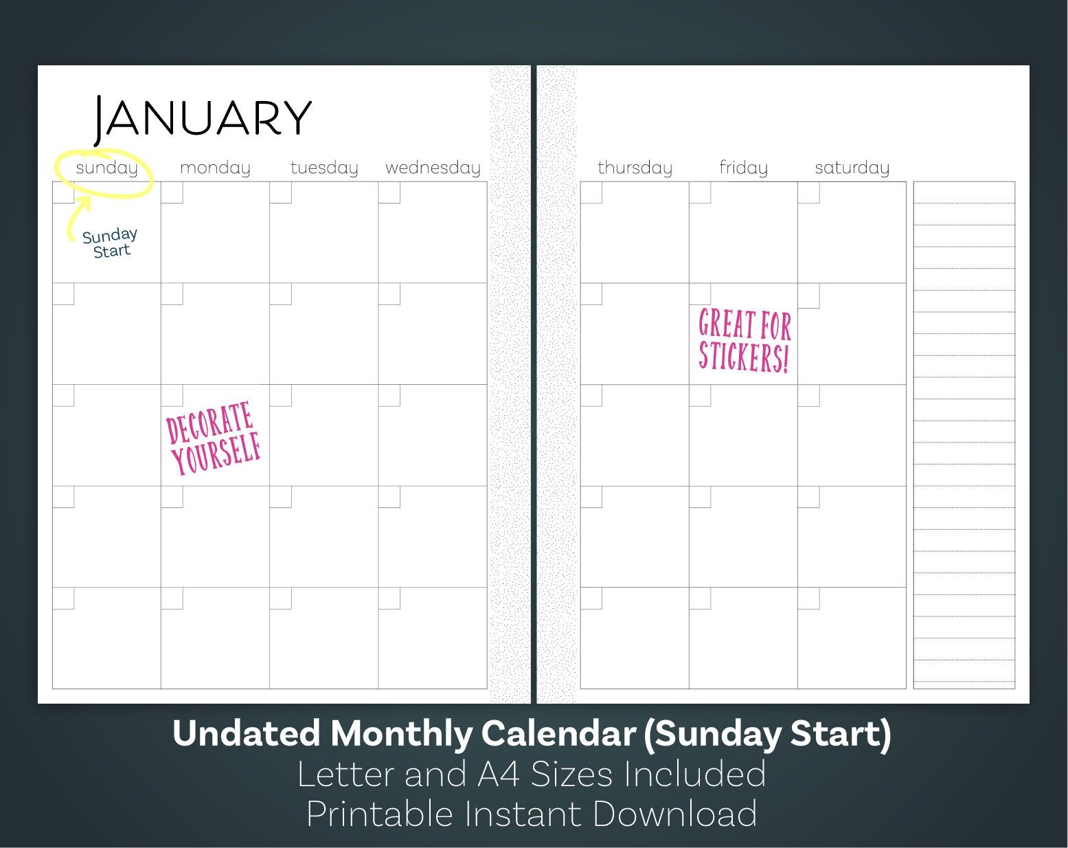 Undated Monthly Calendar, Sunday Start, Month On 2 Pages, Mo2p, Undated Calendar, Planner Insert, Monthly Planner, Minimal Design, Clean