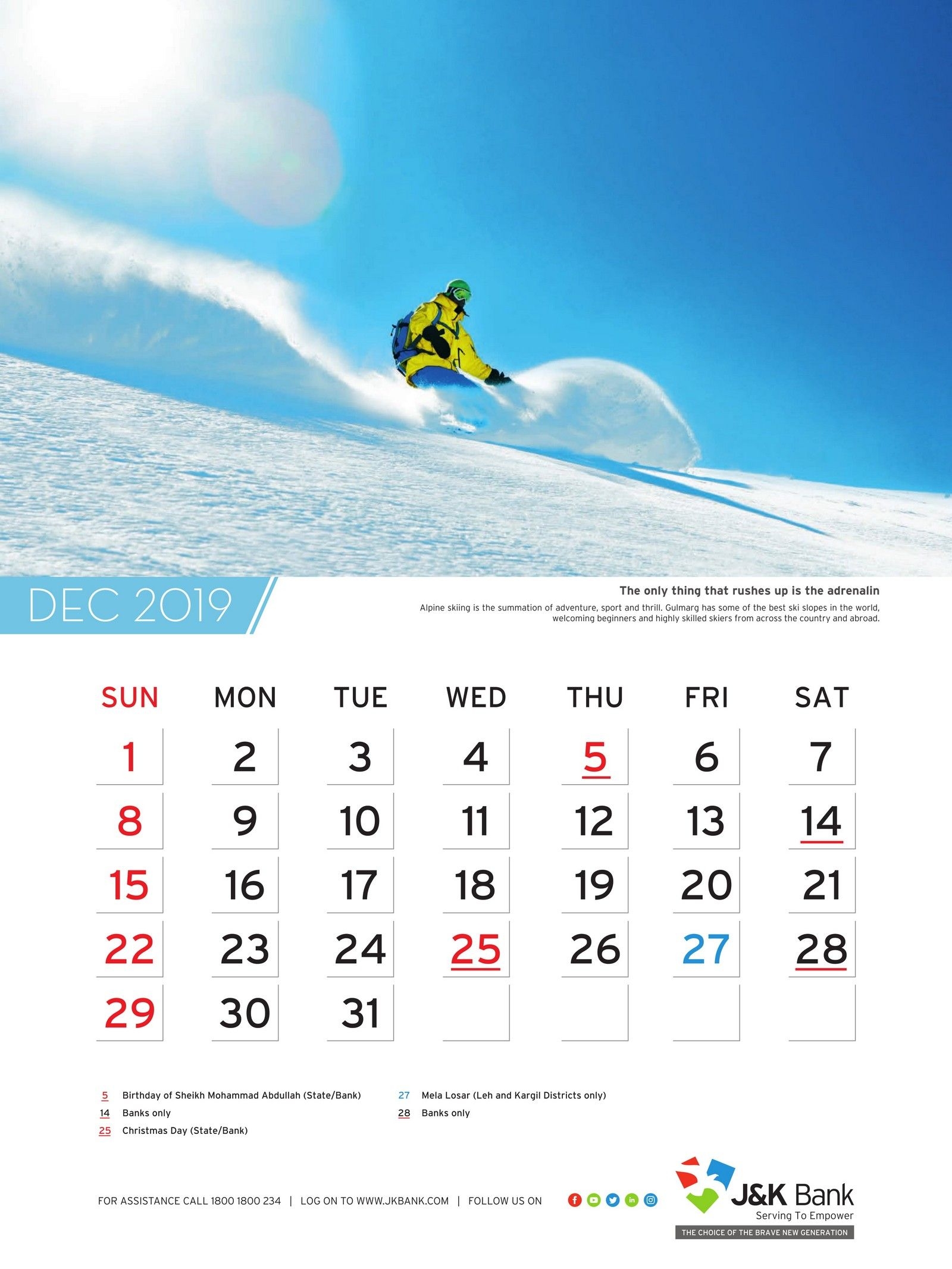 Wall Calendar | Jammu And Kashmir J&k Bank