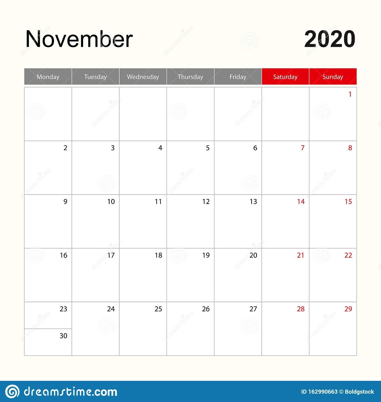 wall calendar template for november 2020 holiday and event