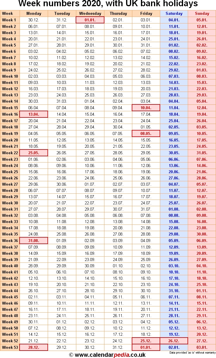 week numbers 2020 with excel, word and pdf templates