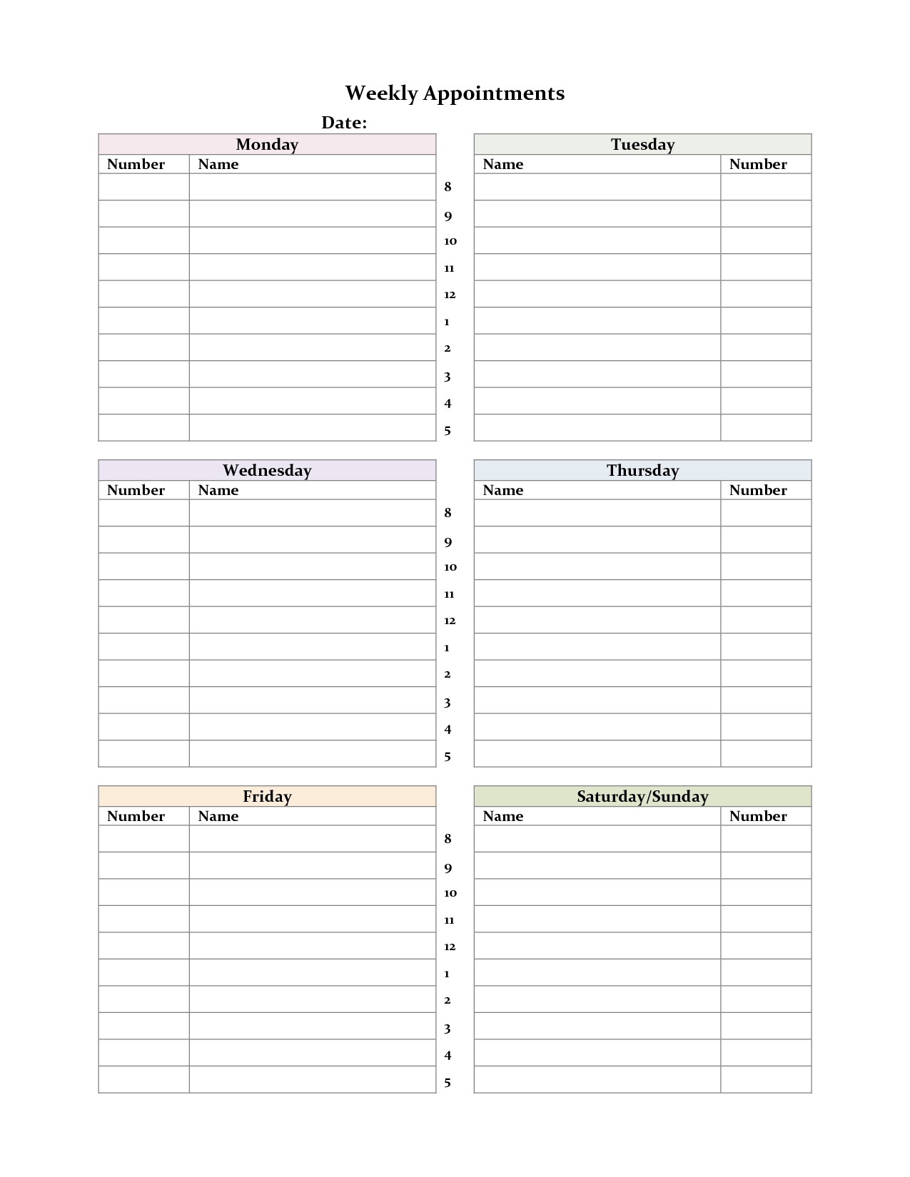 Weekly Appointment Sheet Printout | Weekly Appointment