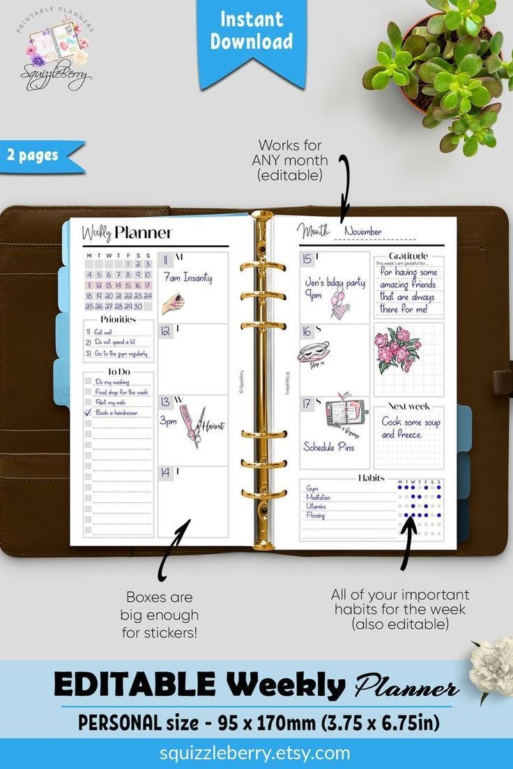 weekly planner printable in personal size weekly schedule