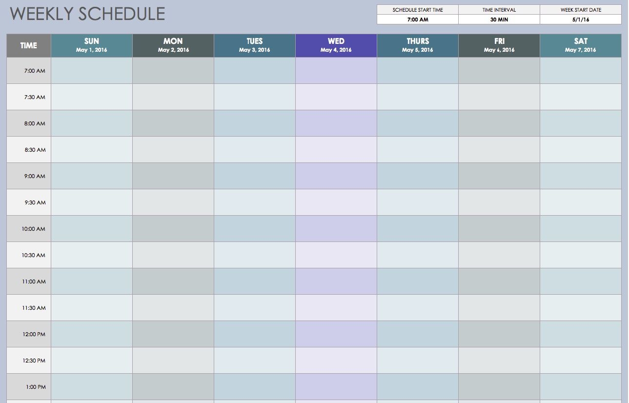 weekly schedule sun thru sat 30 min intervals | weekly