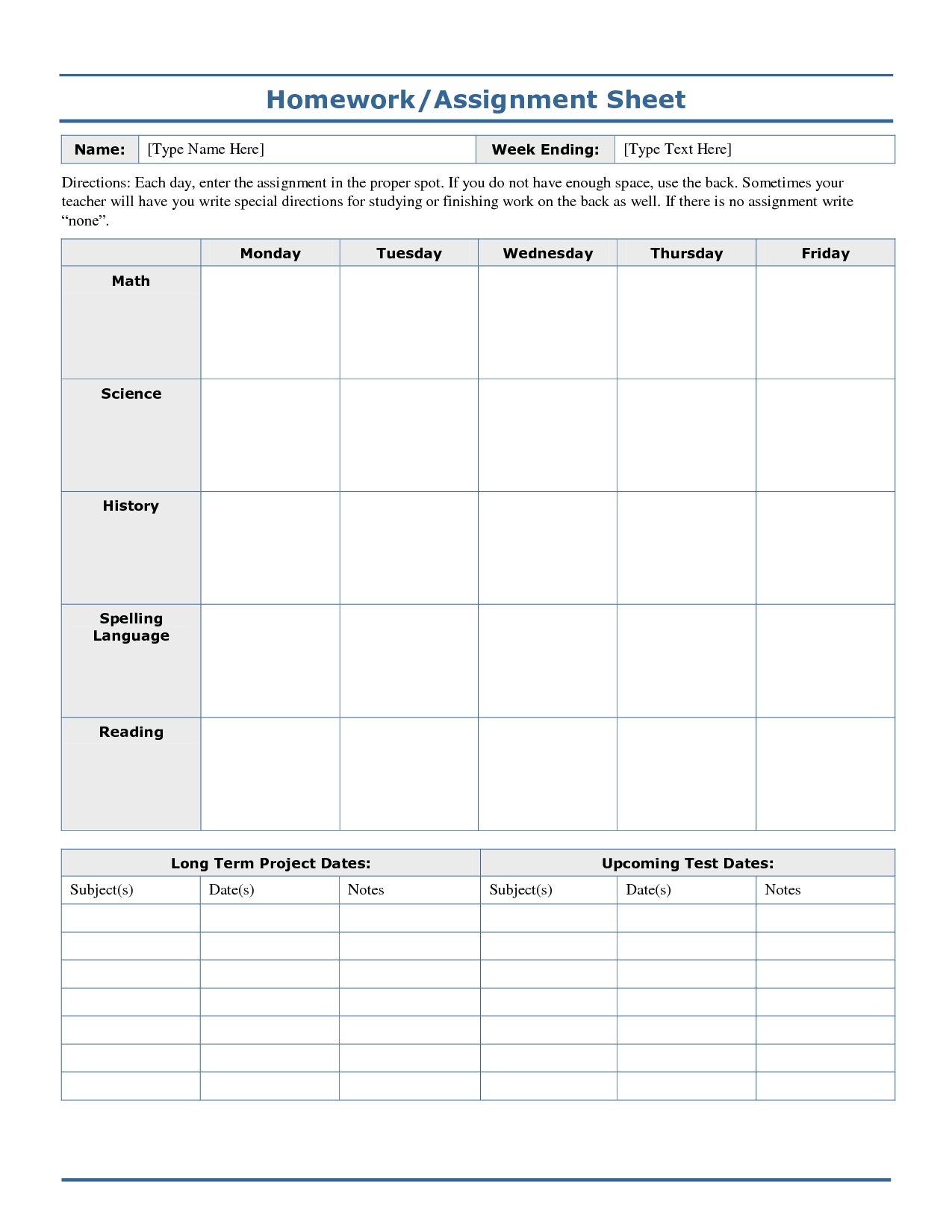 Weekly Homework Assignment Sheet Template | Homework Sheet