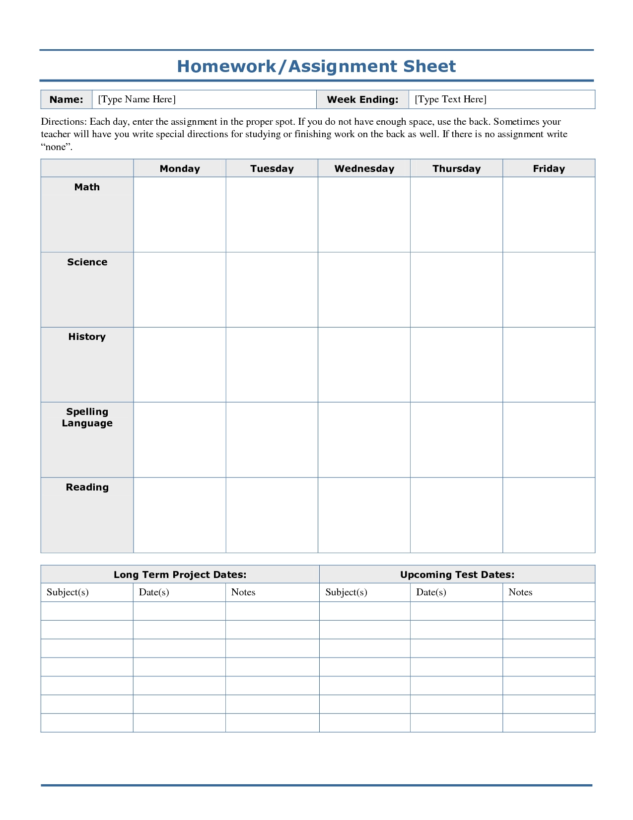 weekly homework assignment sheet template | homework sheet