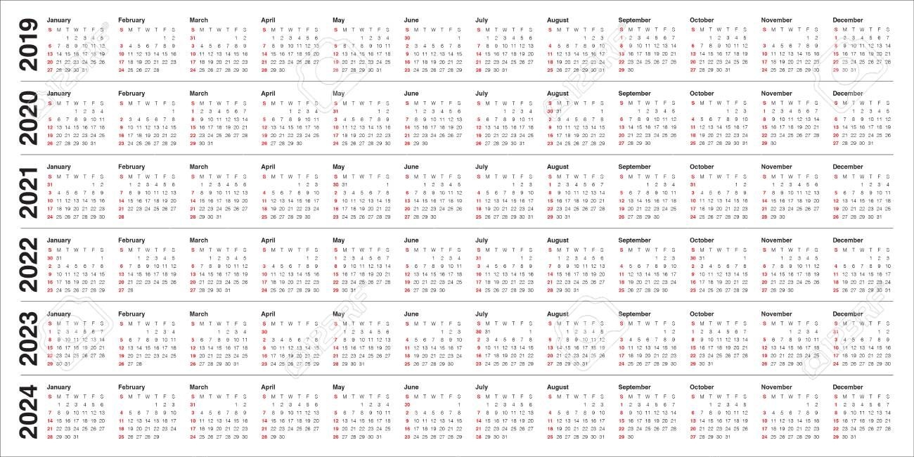 Year 2019 2020 2021 2022 2023 2024 Calendar Vector Design Template,