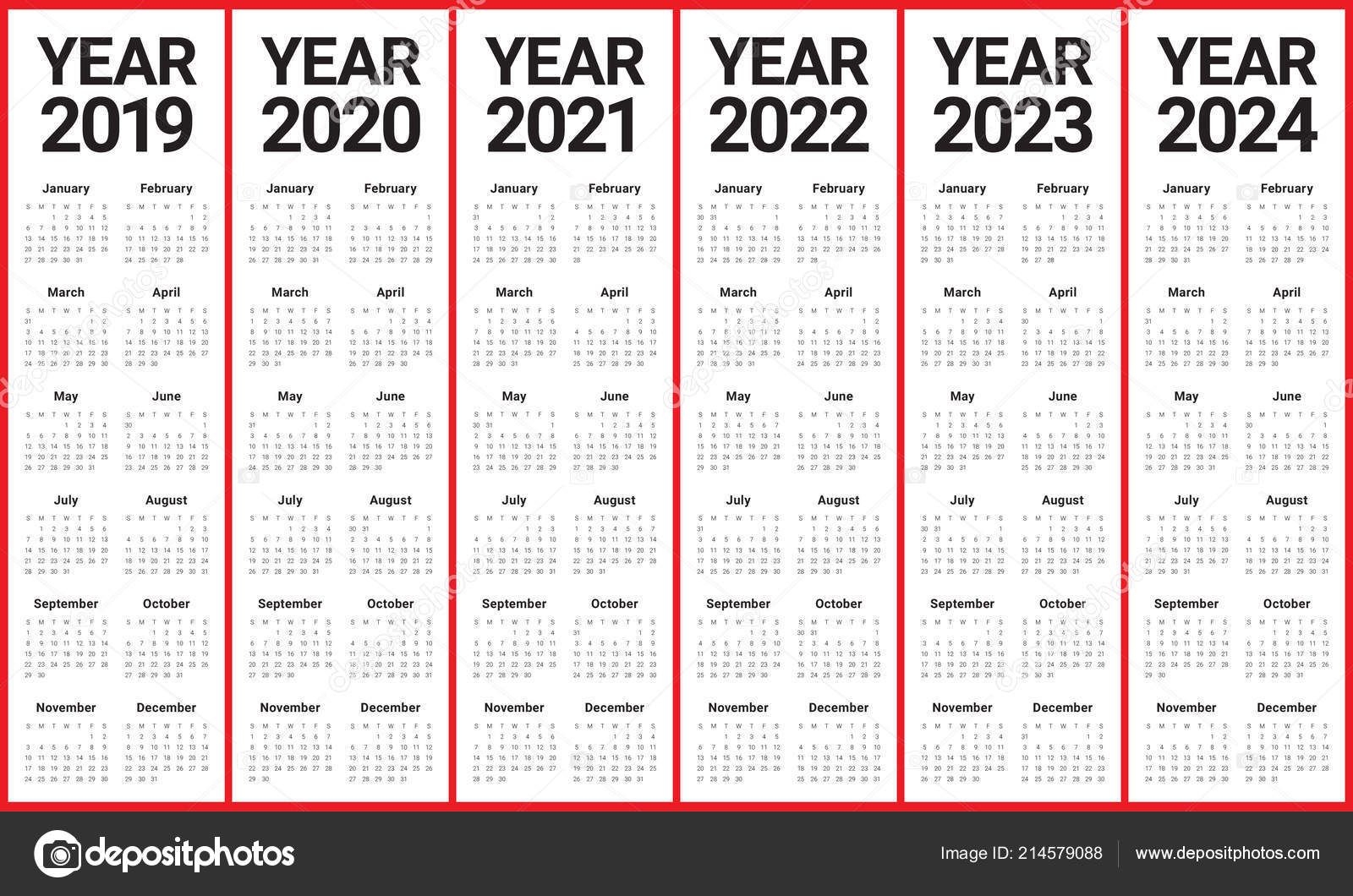 Year 2019 2020 2021 2022 2023 2024 Calendar Vector Design Template, Simple And Clean Design 214579088