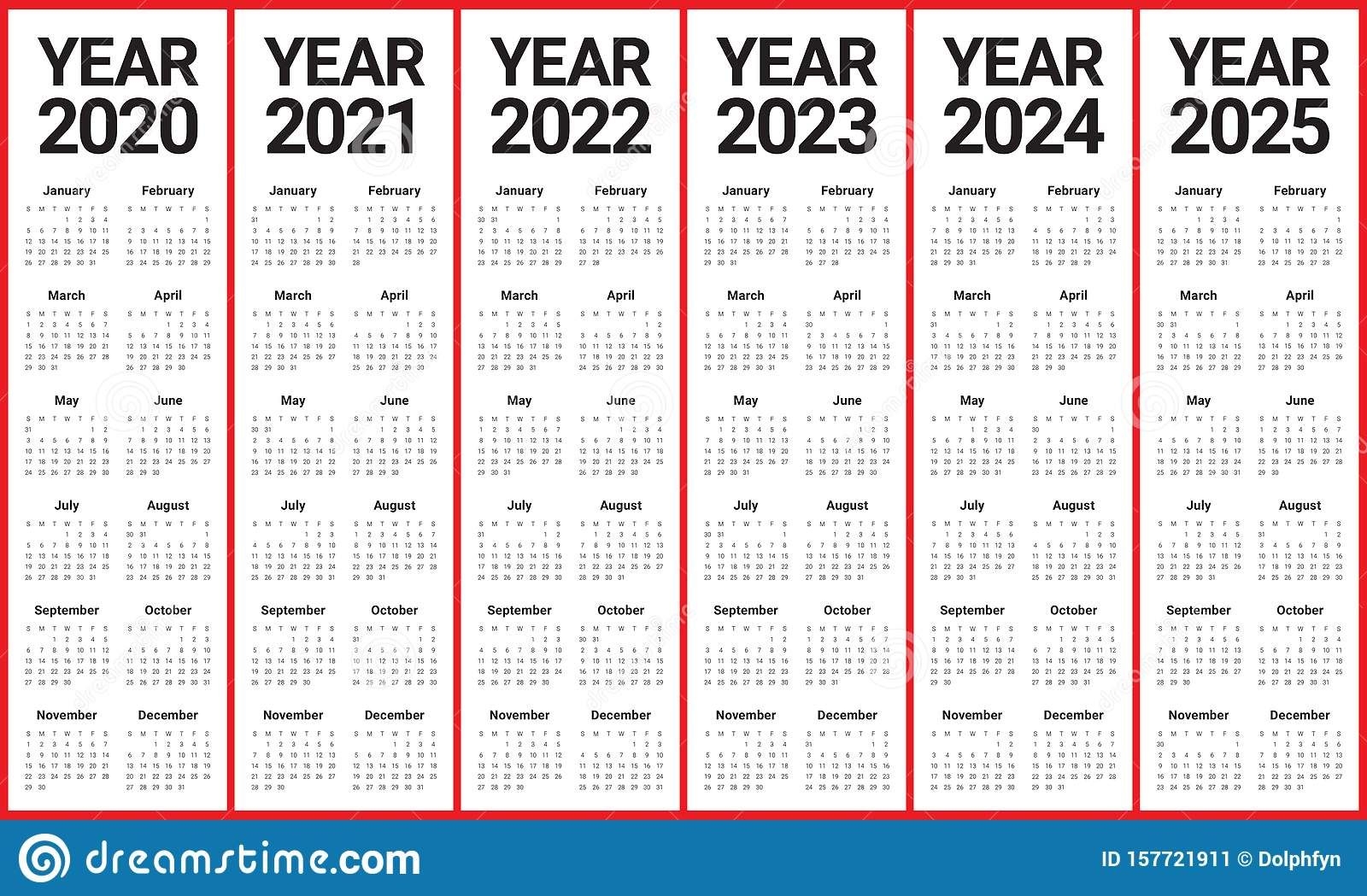 Year 2020 2021 2022 2023 2024 2025 Calendar Vector Design