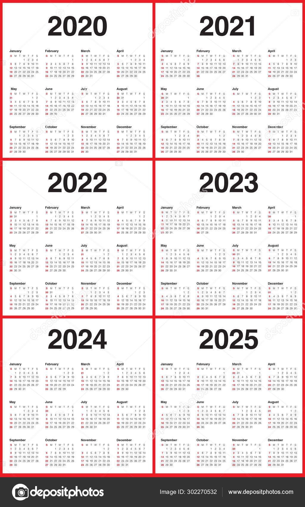 Year 2020 2021 2022 2023 2024 2025 Calendar Vector Design Templa 302270532