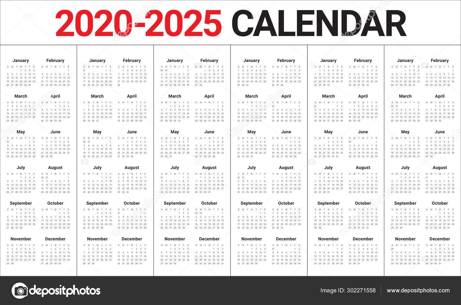 year 2020 2021 2022 2023 2024 2025 calendar vector design templa 302271558