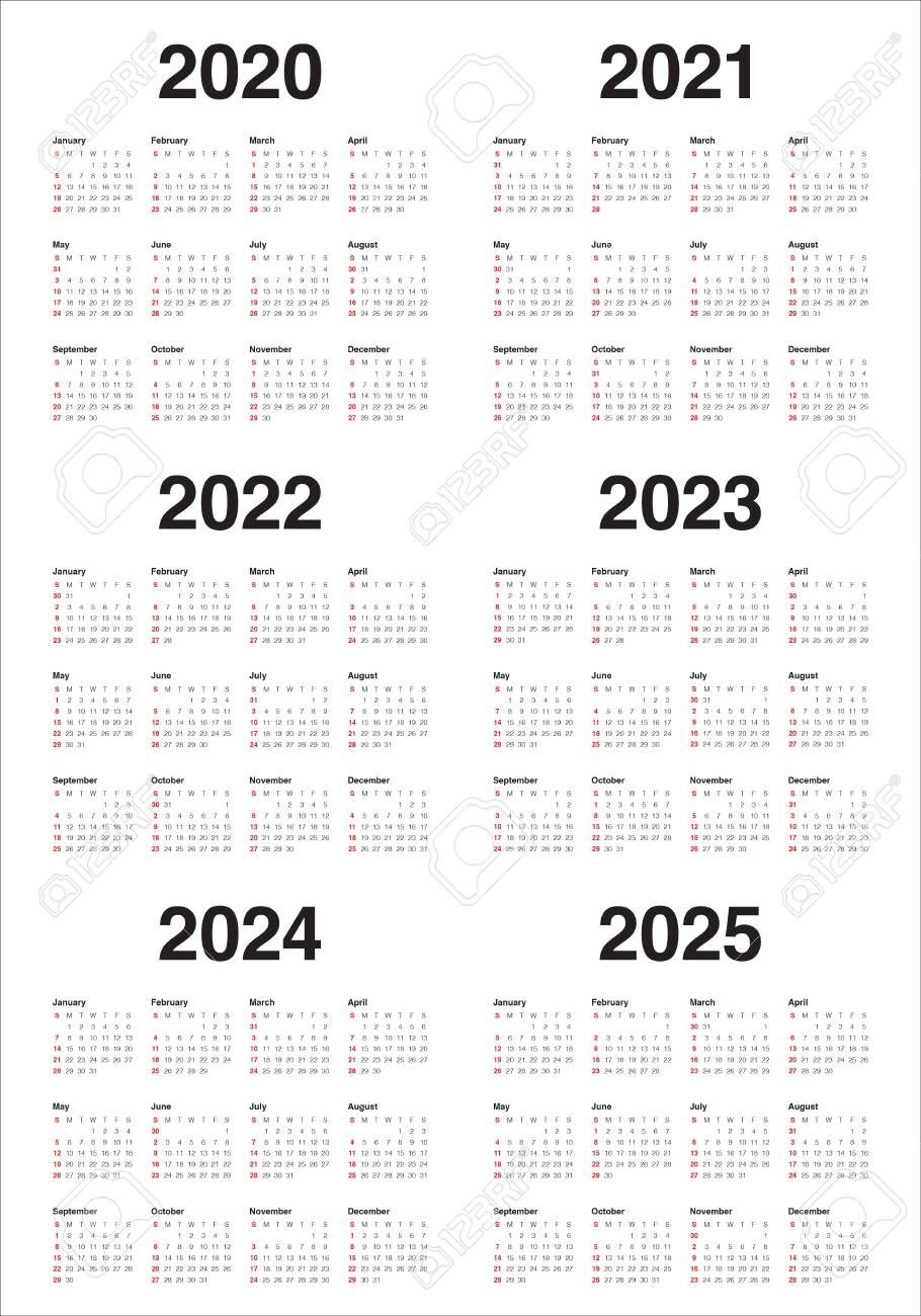 Year 2020 2021 2022 2023 2024 2025 Calendar Vector Design Template,