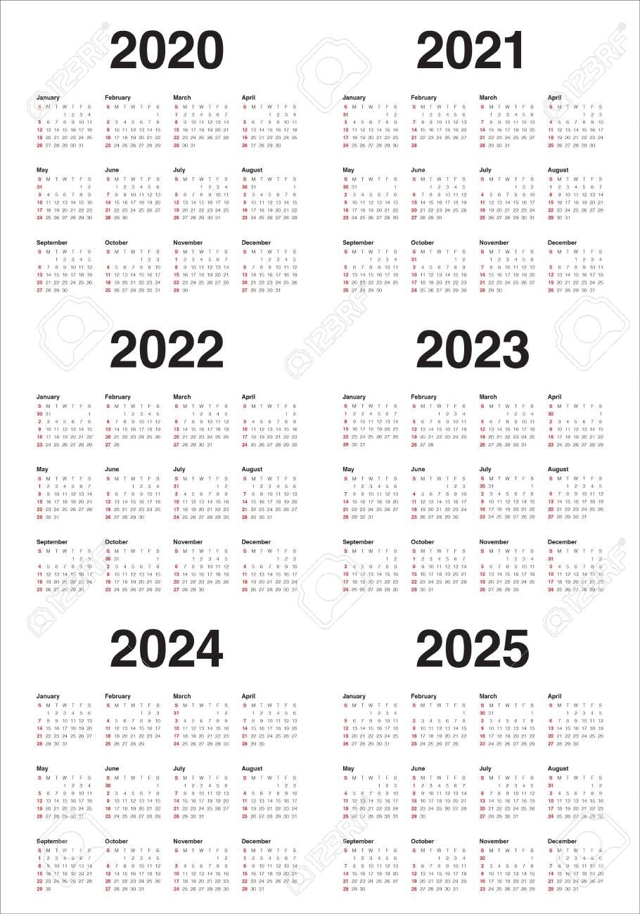 year 2020 2021 2022 2023 2024 2025 calendar vector design template,
