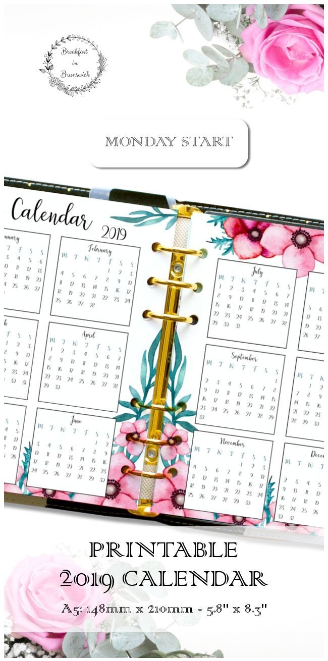 yearly calendar 2019, filofax calendar, a5 ring planner
