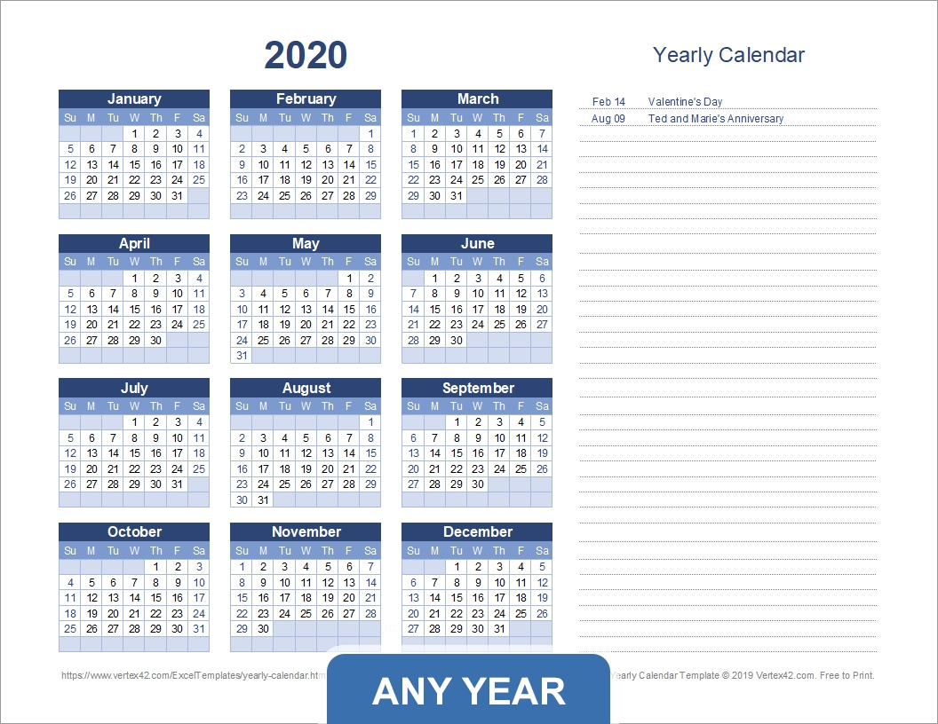 yearly calendar template for 2020 and beyond