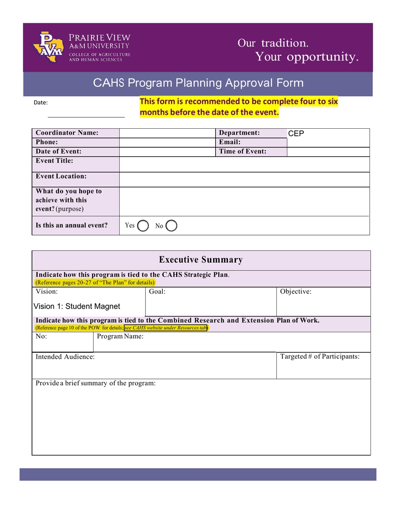 your opportunity our tradition cahs program planning